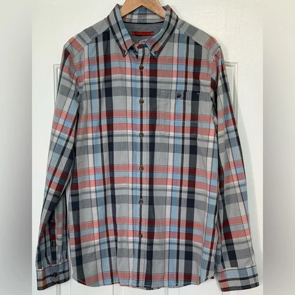 NWOT The North Face Plaid Button-Down Shirt L Red Gray Blue w Hidden Neck Pocket