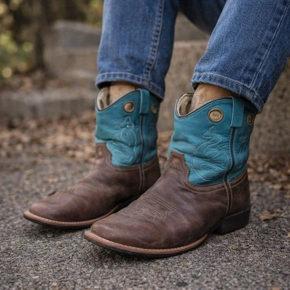 Masterson Boot Co Brown Teal Leather Western Cowboy Boots RB2010Y‎ Size 5M