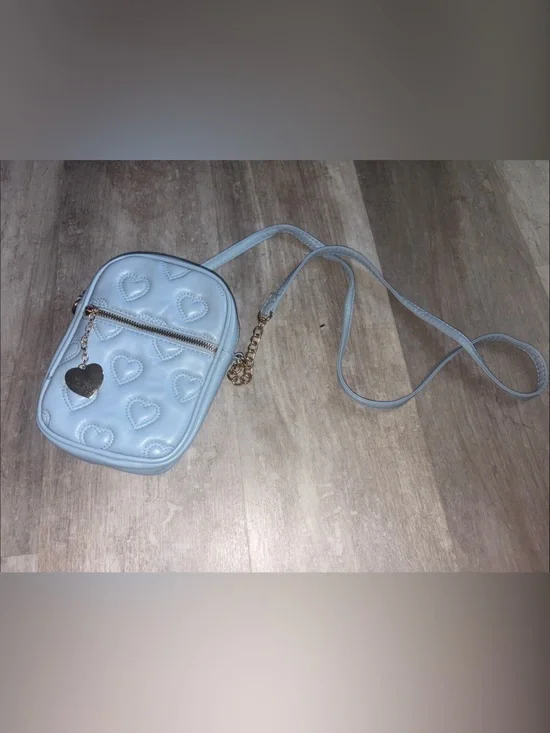 Heart-Quilted Light Blue Crossbody Bag with Gold Accent