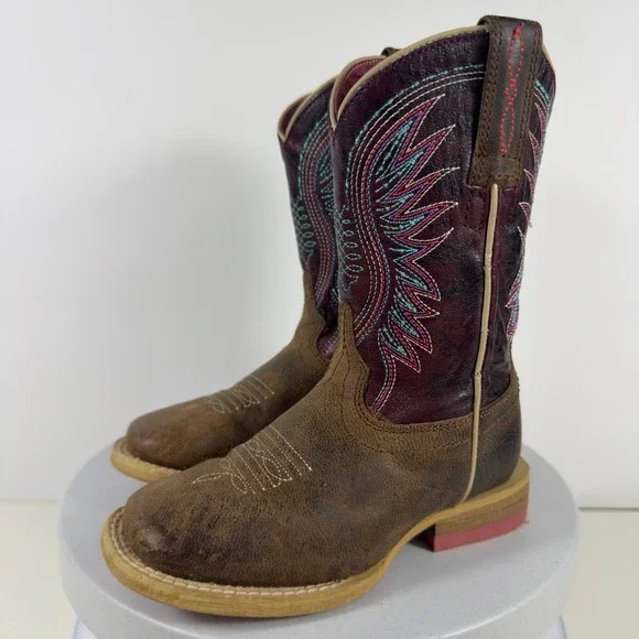 Ariat Vaquera Kids Western Cowboy Boots Leather Purple Brown Square Toe Size 8.5
