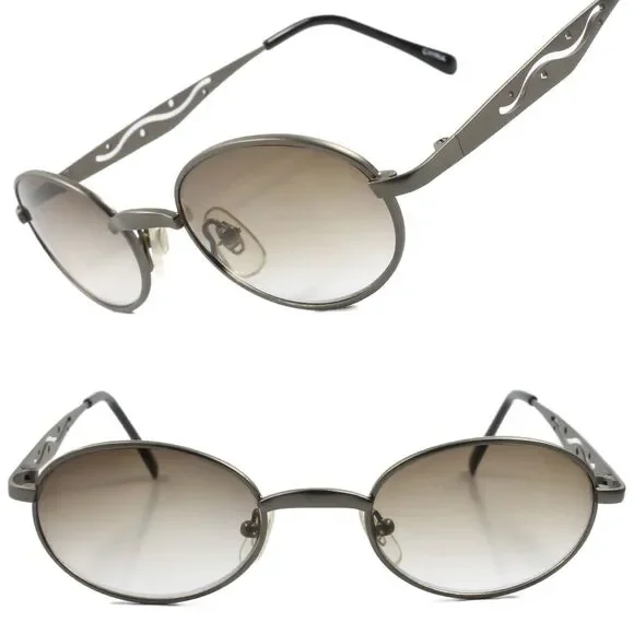 Genuine Vintage 80s Mens Womens Indie Hip Style Round Oval Gunmetal Sunglasses
