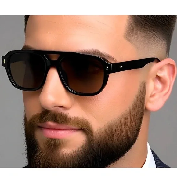 Mens‎ Black Aviator Sunglasses Brown Tinted Lenses Double Bridge Designer Style