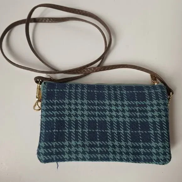 Jen & Co Crossbody Purse Plaid Blue Green Tweed Bag Detachable Straps Wristlet