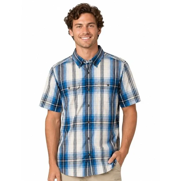The North Face Plaid Button Down Shirt Mens Medium Blue‎ Short Sleeve Pockets