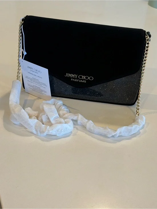 Jimmy Choo Black Glitter Envelope Crossbody Bag with Gold Chain