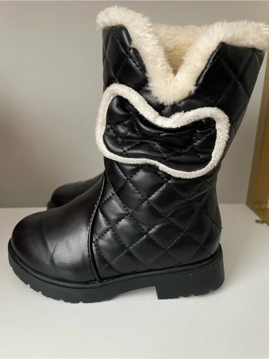 Black Quilted Faux Leather Winter Boots for Toddler Girls 1-3Y