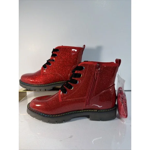 Dream Pairs Kids Girls Red  Glitter Ankle Boots Side Zipper PU Combat Boots
