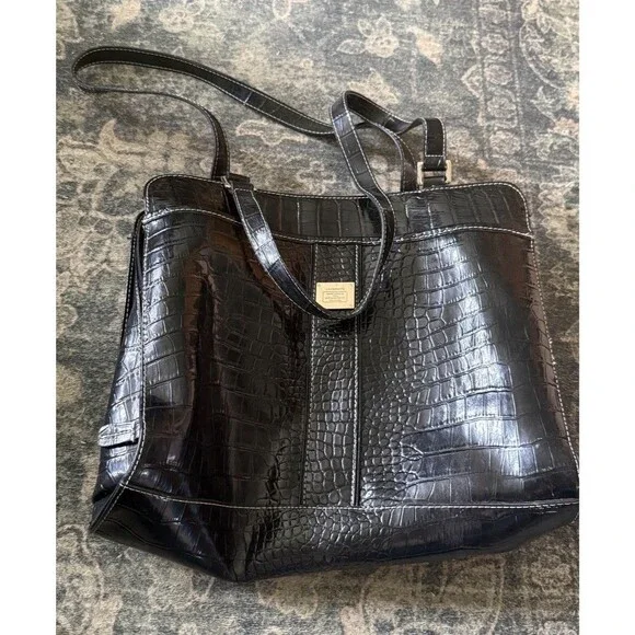 Liz Claiborne Black Faux Croc Embossed Tote Shoulder Bag Multi Pocket Organizer