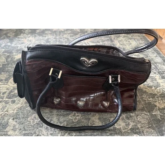 Brighton Black & Burgundy Heart Accent Tote Mock Croc Leather Shoulder Bag Purse