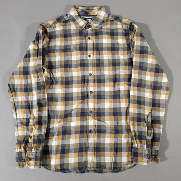 The North Face Button Down Mens S Blue Tan Plaid Cotton Long Sleeve Flannel