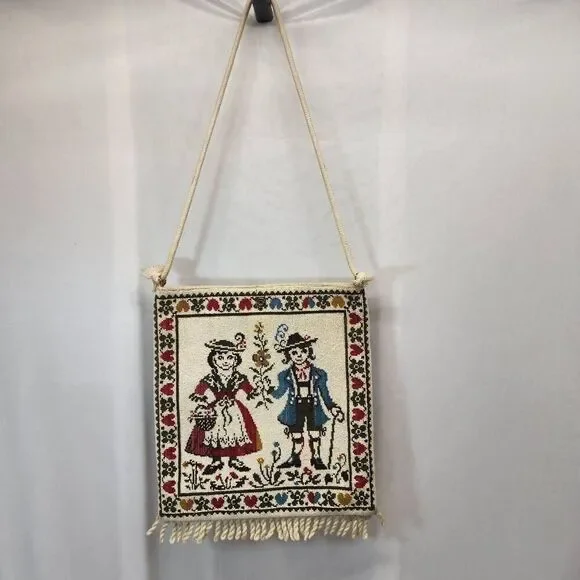 Vintage Tapestry Shoulder Bag – Folk Art Embroidered Purse with Fringe & Rope St