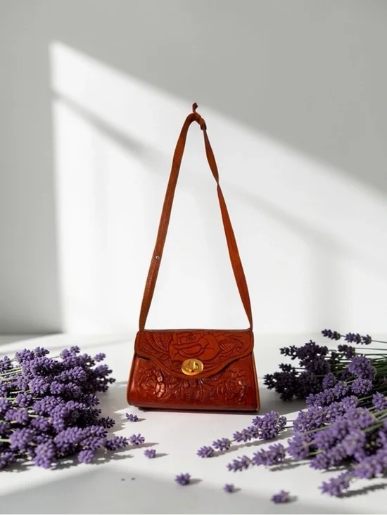 Vintage Cross body Bag Made In Mexico Brown Leather Horse Hair Rose Purse