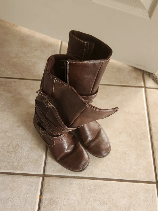 Girl's Brown Buckle Mid-Calf Leather Boots