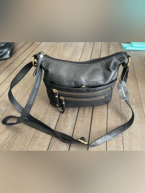 Black Leather Crossbody Bag with Front Zip Pockets and Gold Accents