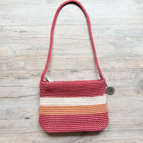 The Sak Crochet Knit Striped Shoulder Bag Y2K Boho Pink Sunset Mini Hobo Purse