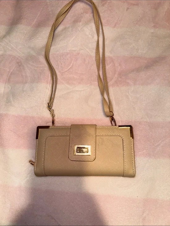 Convertible Beige Crossbody Wallet with Gold-Tone Hardware