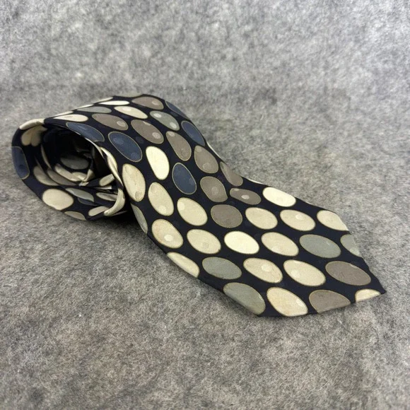 Bachrach Mens Silk Tie Made in Italy Geometric Oval Pattern Black Tan Grey Blue
