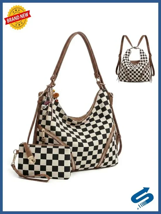 PU Leather Checkered 3-in-1 Convertible Hobo Shoulder Bag with Pouch