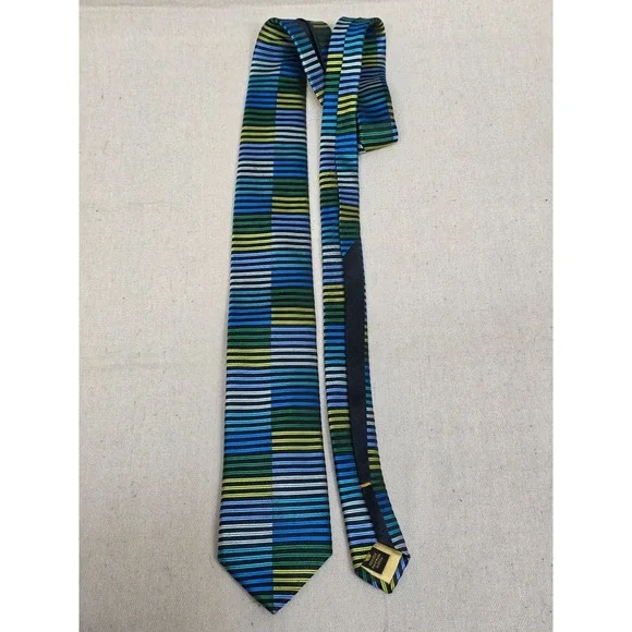 Countess Mara Mens Silk Tie Blue‎ Green Yellow Black Striped Handmade Necktie