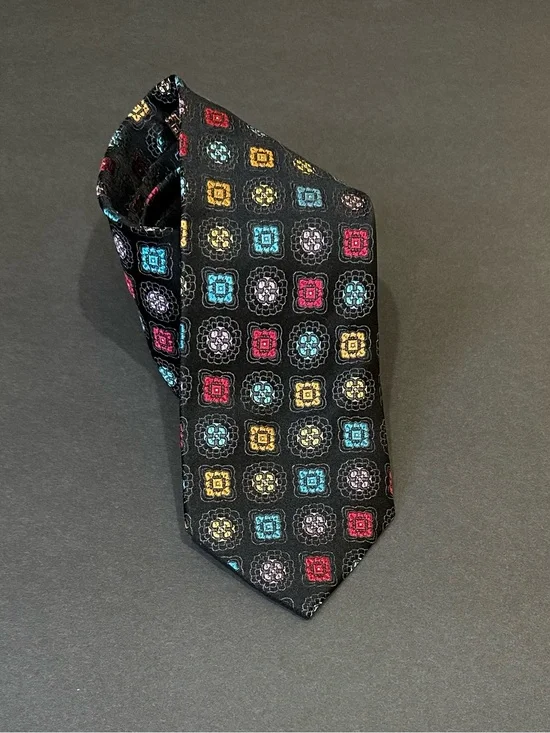VTG 1990-2000s Dona Black/Multi Color  Silk Geometric Texture Medallion Necktie