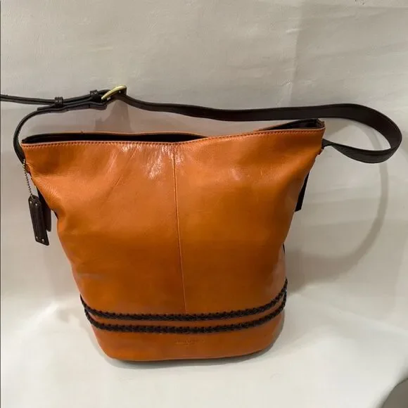 Tignanello Orangish Brown Leather Hobo Bag Purse Dark Brown Accents 13 X 13 In