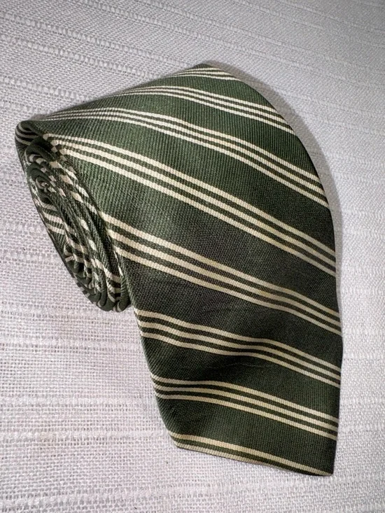 Brooks Brothers Silk Tie Green Cream Striped Repp USA Woven England OS EUC