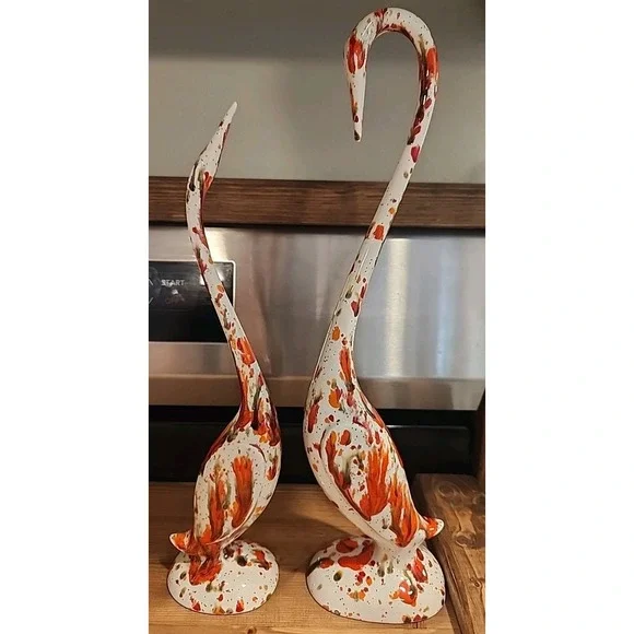 Vintage Mid Century‎ Drip Glaze Set of 2 Crane Bird Egret Figurines Ceramic
