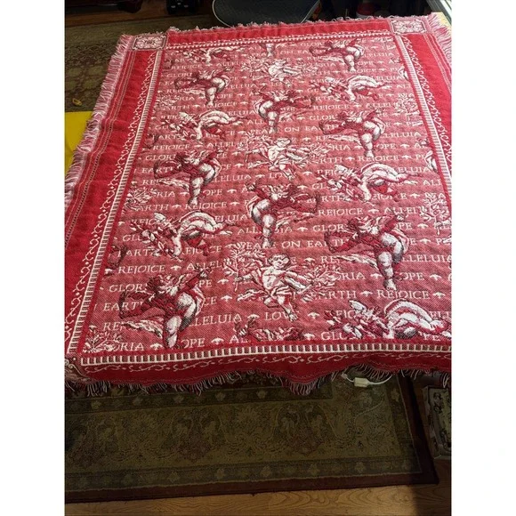 Vintage 90s Christmas Tapestry Blanket Red Angel Cherub Rejoice Peace on‎ Earth