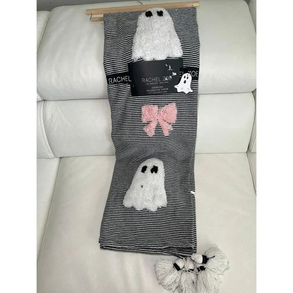 Rachel Zoe Ghost Bow Throw Blanket 50x70 Black White Pink Striped Tassel NEW