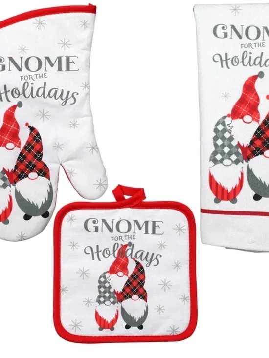 Gnome for the Holidays Red Kitchen Set-3Piece(OvenMitt,PotHolder,Towel)