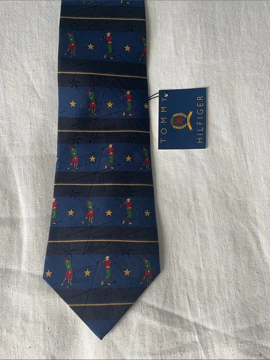 Tommy Hilfiger Navy Tie with Multicolor Golf Player Motif NWT