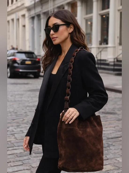 Gucci TomFord Era BrownSuede Bucket Shoulder Bag Chunky Link Strap Authenticated