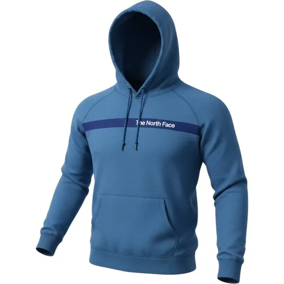 The North Face Mens XXL Blue Fleece Hoodie Chest Stripe Logo Pullover Sweatshirt