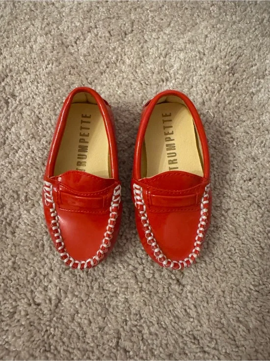 Trumpette Red Patent Moccasin Loafers with Whipstitch Trim