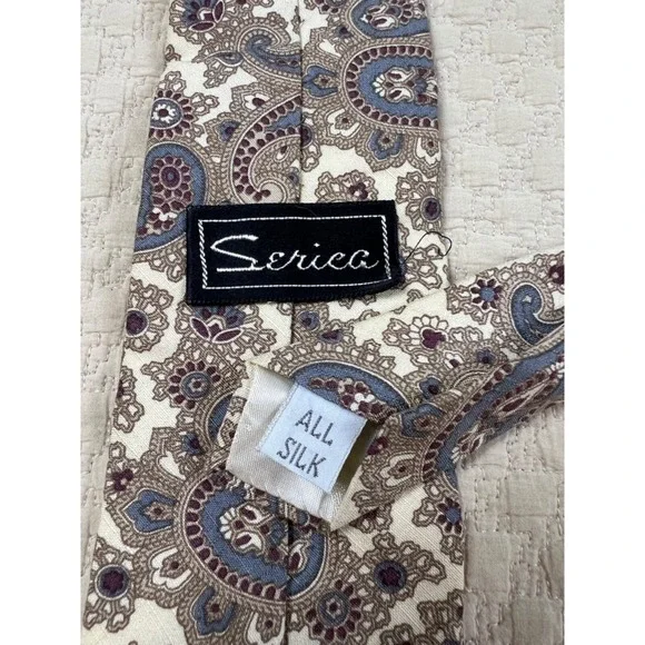 Serica Paisley Silk‎ Tie 1970s 1980s | Cream Brown Blue | 56