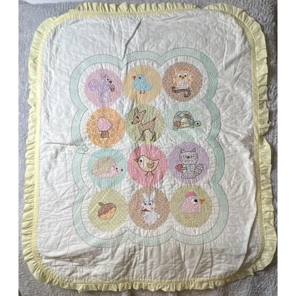Baby Blanket Hand Made Embroidered Reversible Ruffled Edge‎ Happi Woodland Quilt