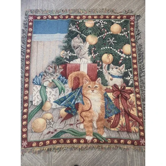 Vintage Tapestry Throw Blanket‎ Cats And Christmas Tree Jingle Bells Cottagecore