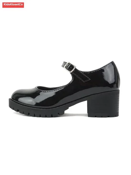 Girls Lug Sole Block Heel Mary Jane Shoes Adjustable Strap