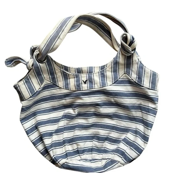 AE Striped Canvas Hobo Slouch Bag Double Knotted Handles Blue White Lined Beach