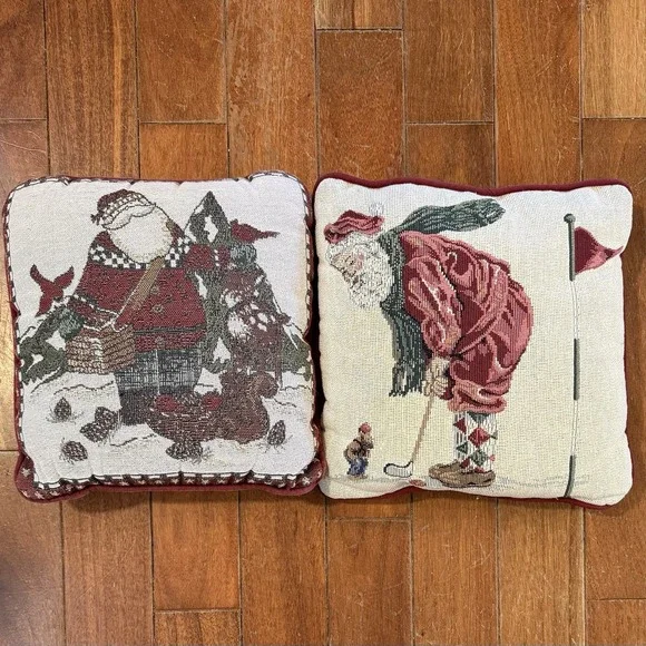 2pc Christmas Tapestry Throw Pillows Golfing Santa Golf Elf Forest Animals 12x12