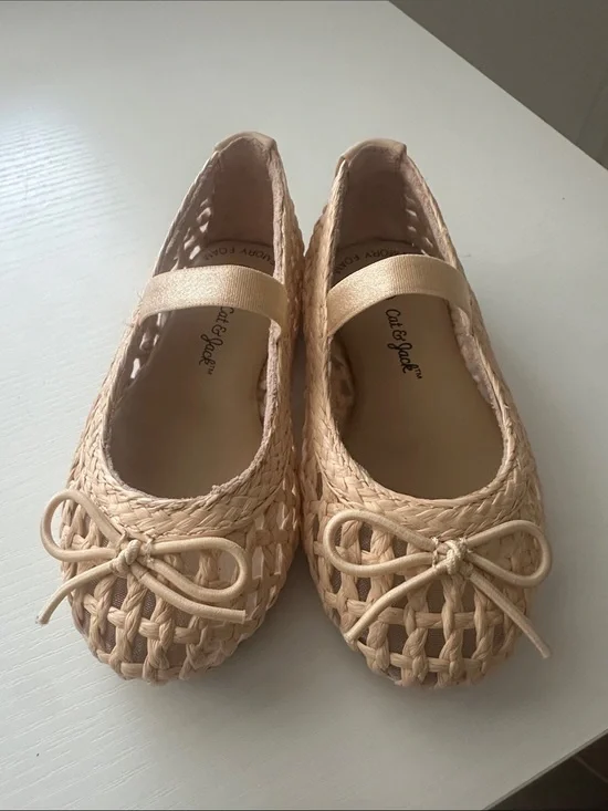 Cat & Jack Tan Woven Mary Jane Flats with Bow Detail