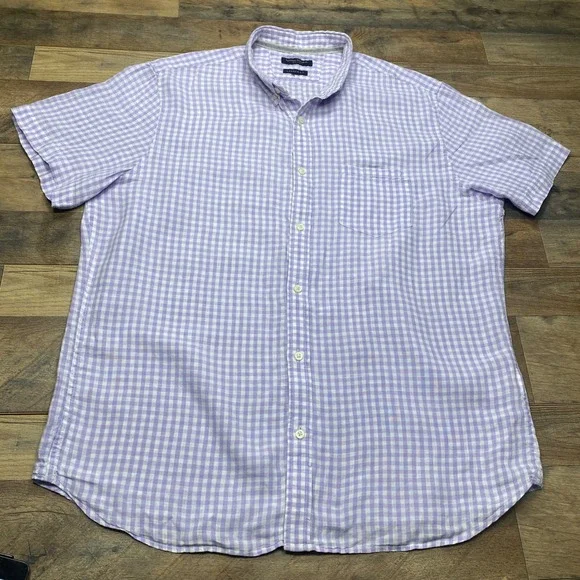 Banana Republic Shirt Mens XL Purple Gingham Linen Camden Fit Short Sleeve