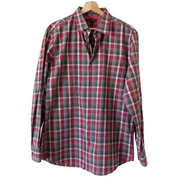 Banana Republic‎ Mens Button Up Shirt Red Gray Plaid Long Sleeve Slim Fit Large