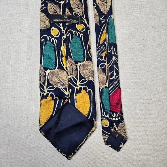 Ermenegildo Zegna Vintage Silk Tie Navy Tulip Pattern Made In Italy Designer 90s
