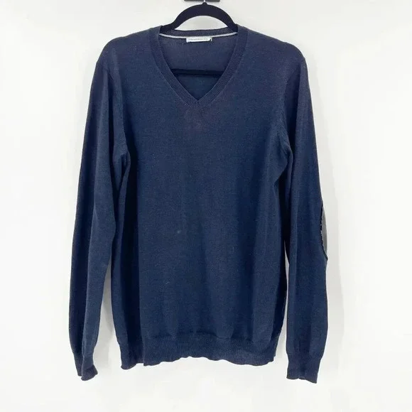 Banana Republic Mens Sweater Size‎ L Navy Blue V Neck Elbow Patch Cozy Comfy