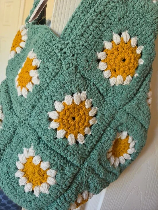 Handmade Crochet Daisy Tote in Teal, Mustard & White