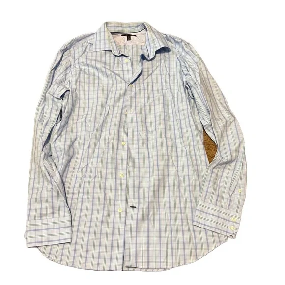 Banana Republic Men's Light Blue Green Plaid Shirt Large Tall Non Iron Slim Fit