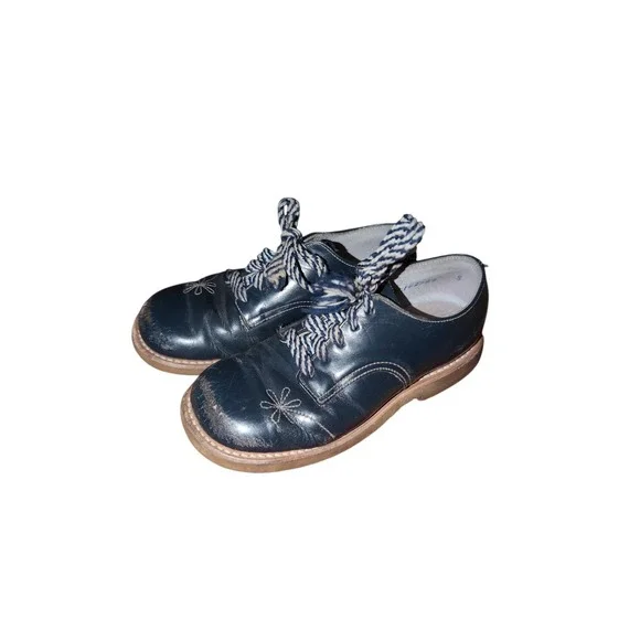 Vintage Navy‎ Blue Leather Floral Embroidered Oxford Shoes Kids Size 8 D 142089