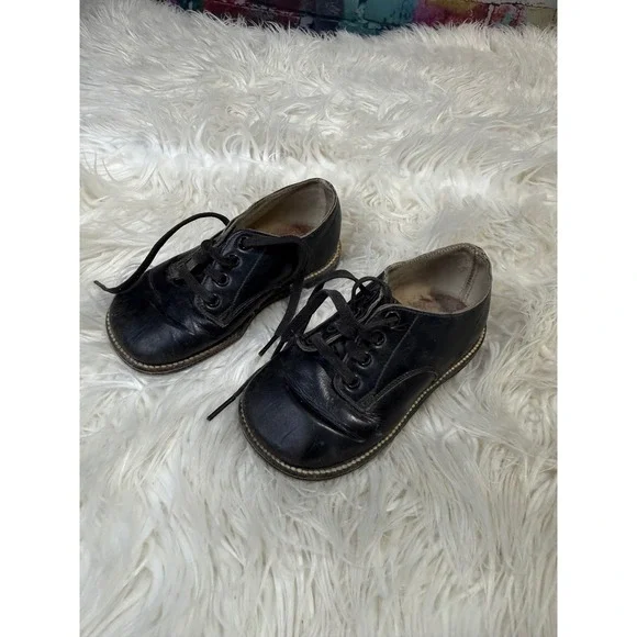 Vintage Black Leather Toddler Lace Up Oxford Shoes Classic Round Toe Flat Sole