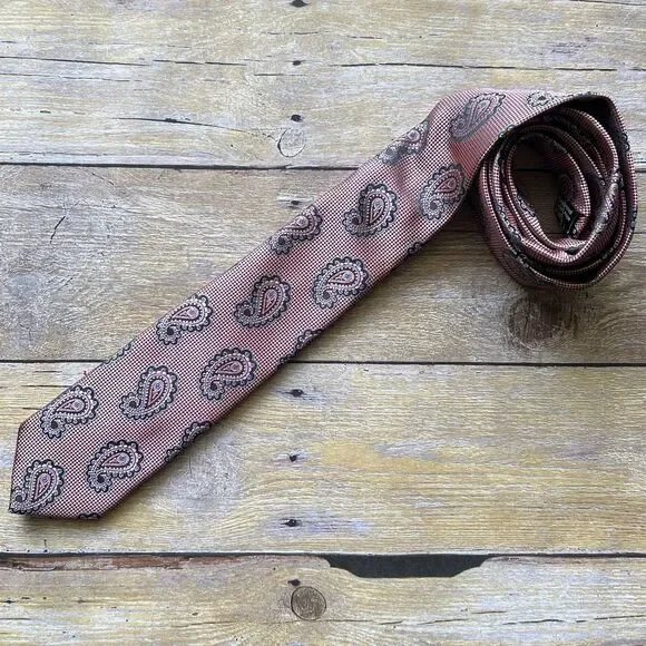 Adolfo Mens Paisley Necktie‎ Burgundy Black Microfiber Hand Made Formal Tie